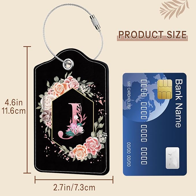 2Pcs Letter J Luggage Tag for Women, Pink Leather Luggage Tags for Suitcases Waterproof, Name ID Labels with Privacy Cover Suitcases Bag Baggage Tags for Travel, Travel Accessory Luggage Tag