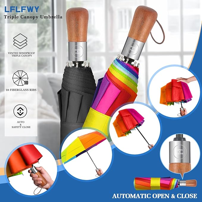 3T Wind Armor Travel Umbrella Compact Easy Auto Open Close Folding Umbrellas for Rain Windproof Umbrella for Women and Men Durable Real Wood Handle Portable Fits Backpack Car