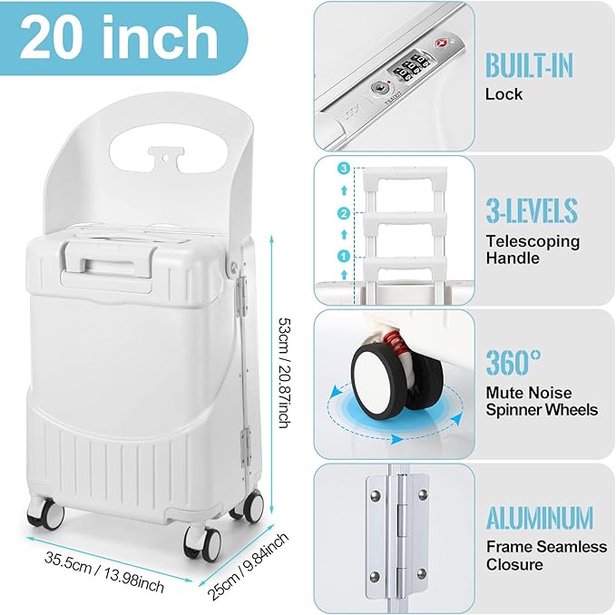 Carry on Luggage with Seat for Kids Expandable Ride on Suitcase with Spinner Wheels and Locks for Travel (20 Inch,White)