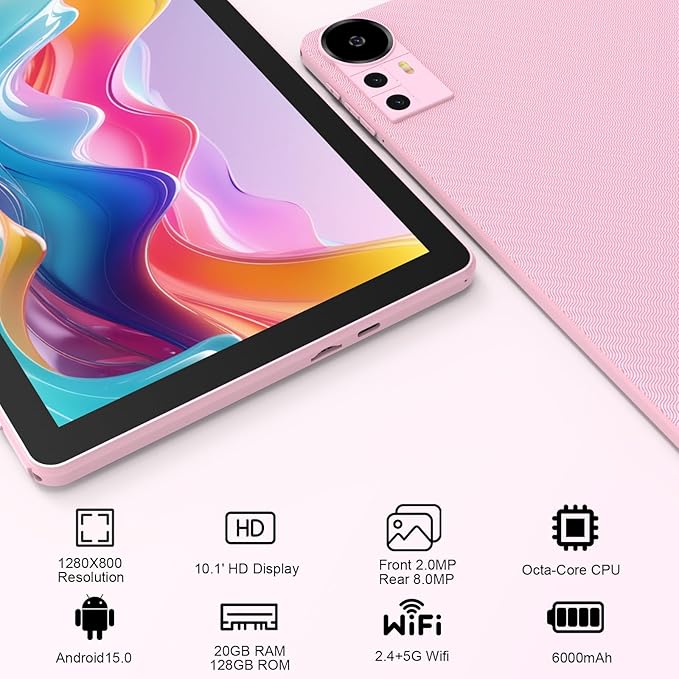 Android 15 Tablet 10 Inch, 20GB RAM+128GB ROM/2TB Expandable, 2 in 1 Tablets with Keyboard Case Mouse Stylus, 2.0GHz Quad-core Processor, 1280*800 IPS HD Screen, 5G WiFi6 BT 5.0, 8MP Camera Tableta PC