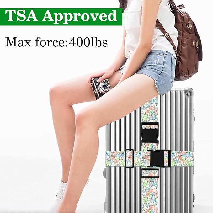 Luggage Straps for Suitcases TSA Approved, Luggage Identifiers for Suitcase, Adjustable Suitcase Strap for Baggage Security with Cute Patten, Travel Necessary Accessories (Travel Stamps)