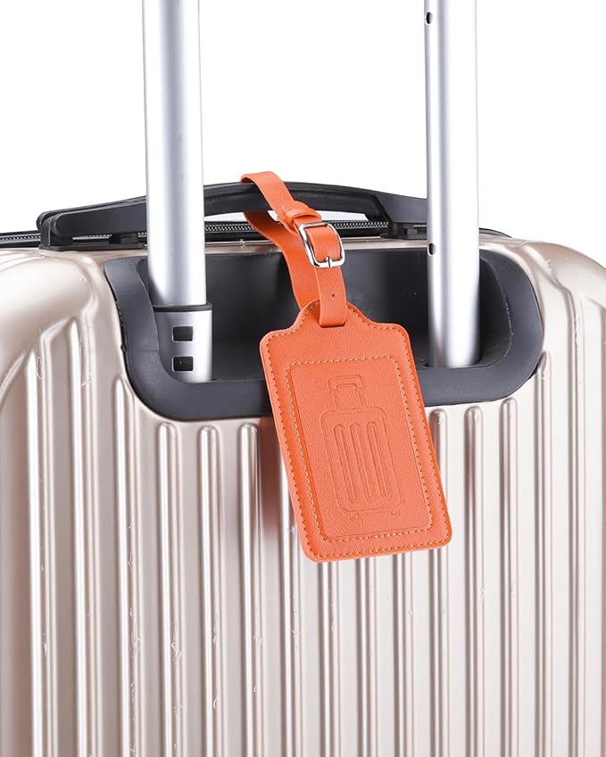 Teskyer Luggage Tags for Suitcases, TSA Approved with Privacy Protection Cover, Premium Faux Leather Bag Tags for Travel - 4 Pack, Orange