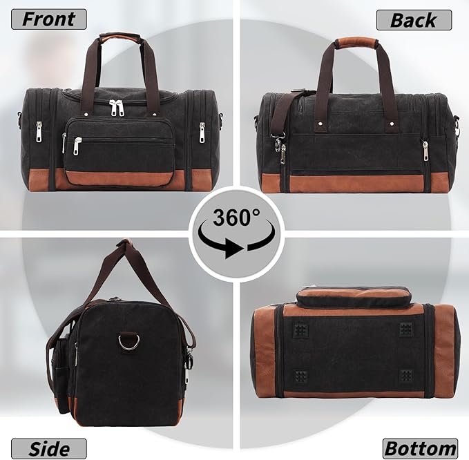 Men'S Duffle Bag For Travel, Expandable Canvas Duffel Bags Overnight Weekend Gym Carry On Luggage Bag For Men(Black)