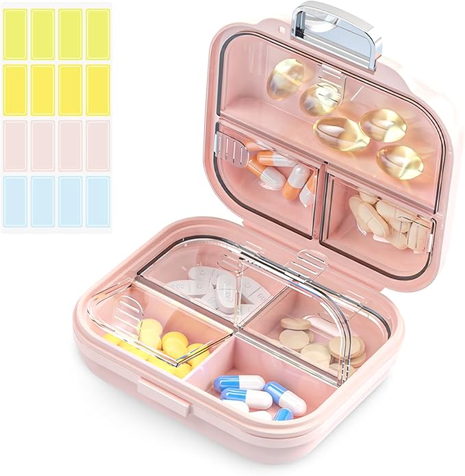 Travel Pill Organizer Box with Labels, 7 Compartments Portable Mini Pill Case, Daily Medication Organizer Storage Pill Container for Pocket Pharmacy(Pink, S)