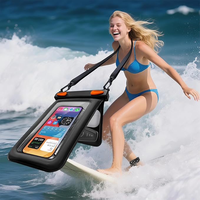 Waterproof Phone Pouch Double Pocket, Floating IPX8 8.5 inch Waterproof Phone Case for Beach Vacation Essentials for Compatible IPhone16 15 14 Pro Max Galaxy S25 S24 Ultra Phone Pouch Orange
