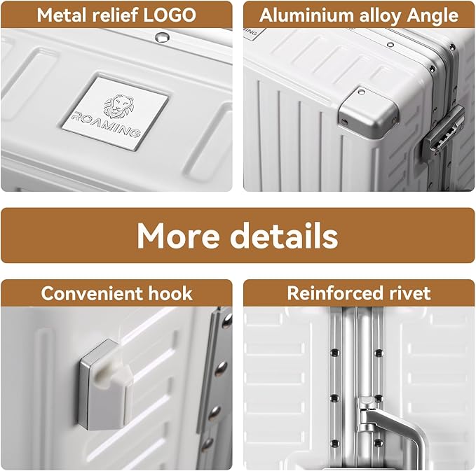 ROAMING Zipperless Luggage Airline Approved with Aluminum Frame, Lightweight PC Hardside Luggage with Spinner Wheels, Metal Travel Luggage with Double TSA Locks, Carry On 20 Inch, Shell white