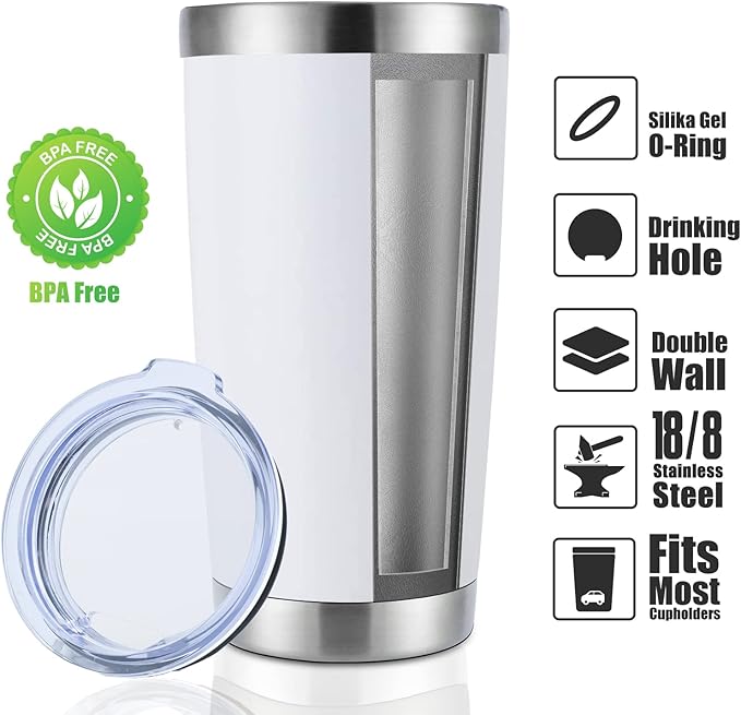 DOMICARE 20oz Stainless Steel Tumbler Bulk with Lid, Double Wall Vacuum Insulated Travel Mug, Powder Coated Coffee Cup, Powder White, 8 Pack