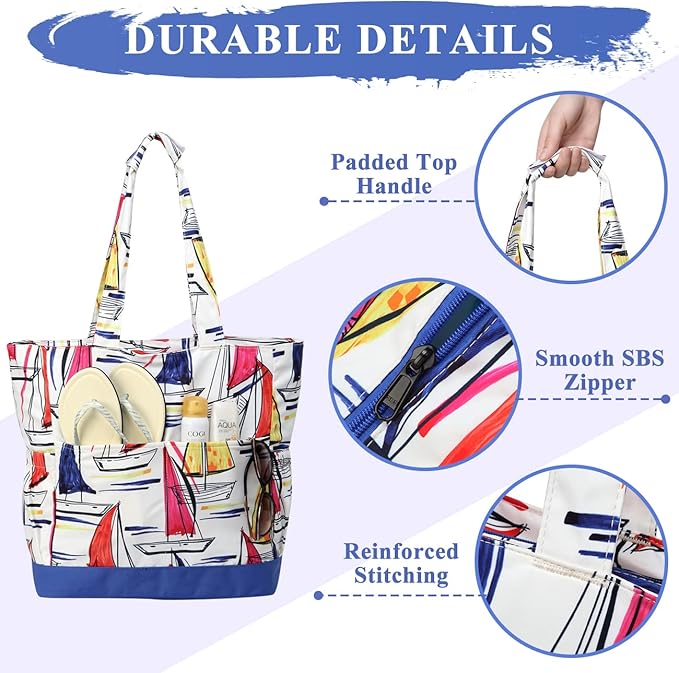 VASCHY Beach Bag for Women, Large Waterproof Sandproof Fold-able Packable Pool Tote Bag w Zipper/Pockets