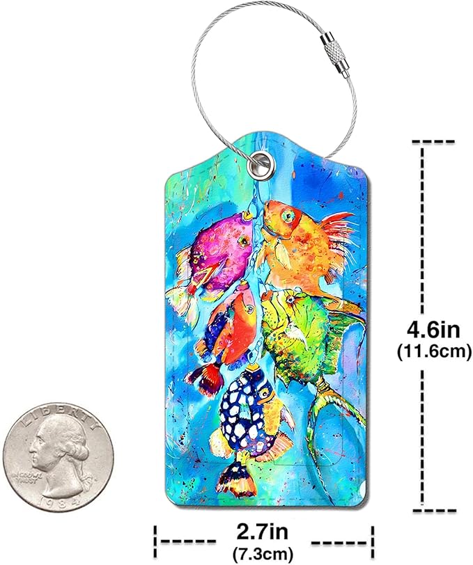 2 Pack Luggage Tag for Suitcase, Cute Unique Leather Bag Tags Identifiers Privacy Cover ID Label with Durable Steel Loop for Women Men Kids Girls Travel，Fish