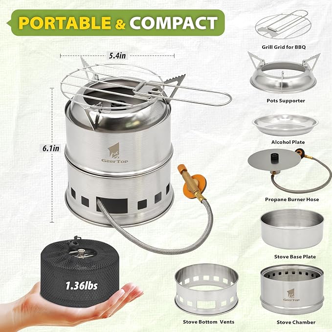 GEERTOP Portable Small Camping Stove with Fuel Canister Adapter Isobutane Ultralight Mini Stainless Steel Wood Burning Backpacking Stove Kit for Outdoor Hiking Emergency Cooking