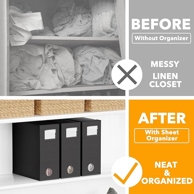 SpaceAid 3 Pack Bed Sheet Organizers and Storage, Foldable Organizer for Linen Closet, Set Folder Keeper With Window XL (Queen & King Size) Bedding Container (Black)
