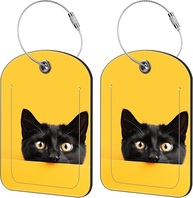 2 Pack Cute Luggage Tag for Suitcases Cute Black Cat Leather Luggage Tags with Stainless Steel Loop Privacy Flap Name Tags,Men and Women Travel Bag Suitcase Tags