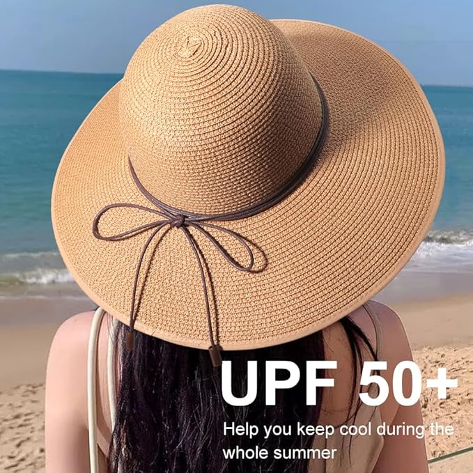 DRESHOW Beach Hats for Women Big Straw Wide Brim Summer Hat Floppy Foldable Roll up Cap Sun Hat UPF 50+