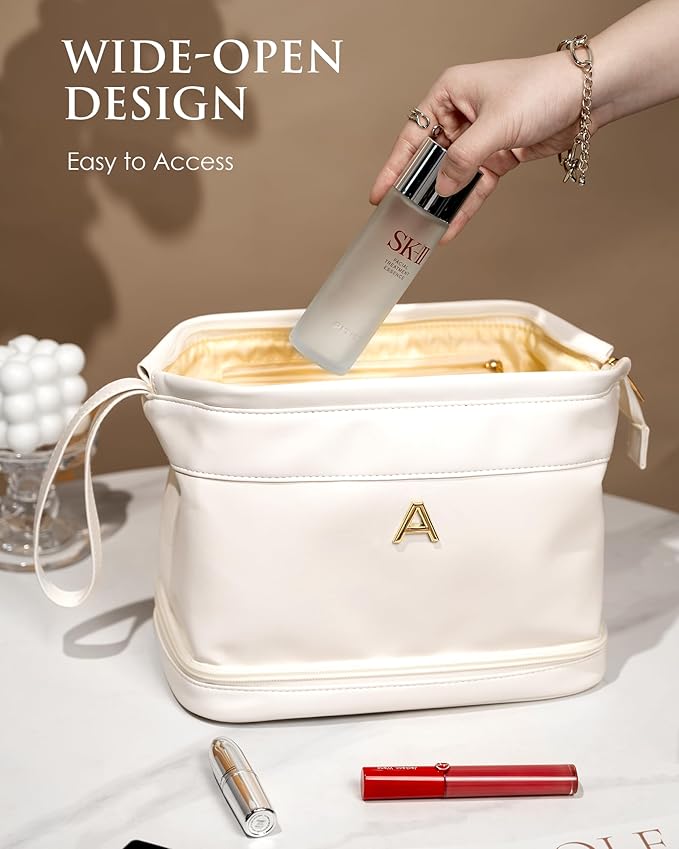 Women Gifts, Initial Makeup Bag, Personalized Double Layer Cosmetic Bag with Makeup Brush Organizer, Waterproof, Large Capacity PU Leather Travel Toiletry Bag, Gift for Wife