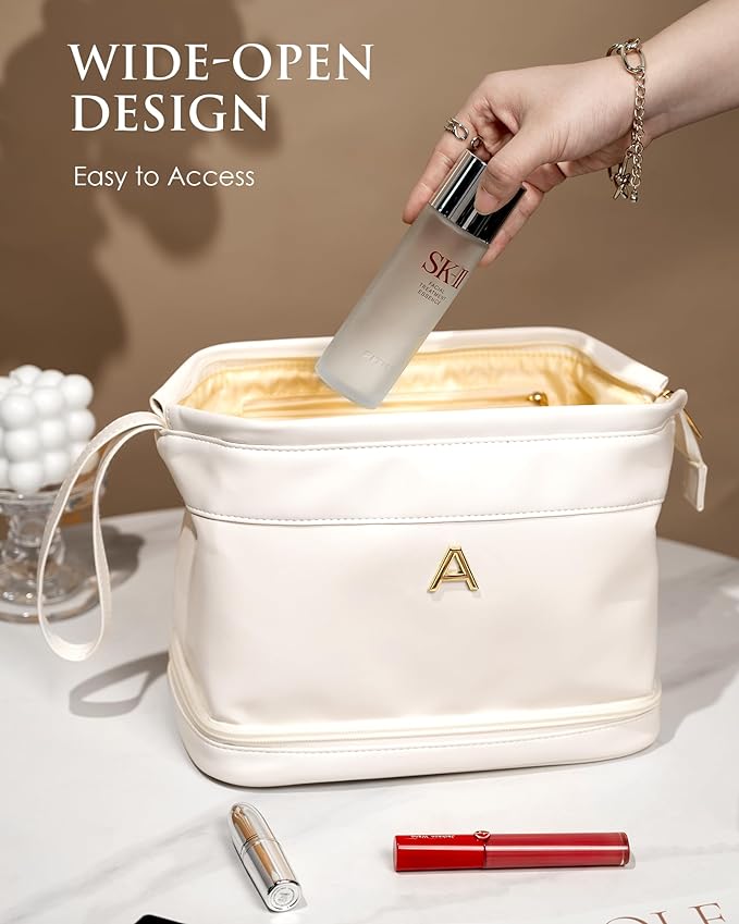 Bridesmaid Proposal Gifts, Initial Large Makeup Bag, Personalized Double Layer Cosmetic Bag with Makeup Brush Organizer, Waterproof, PU Leather Travel Toiletry Bag Graduation Gift