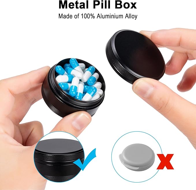 Portable Pill Box Metal Pill Case - Single Waterproof Pill Container for Purse & Pocket Travel Pillbox, Daily Round Aluminium Medicine Organizer Holder to Hold Vitamins, Medication, Fish Oil