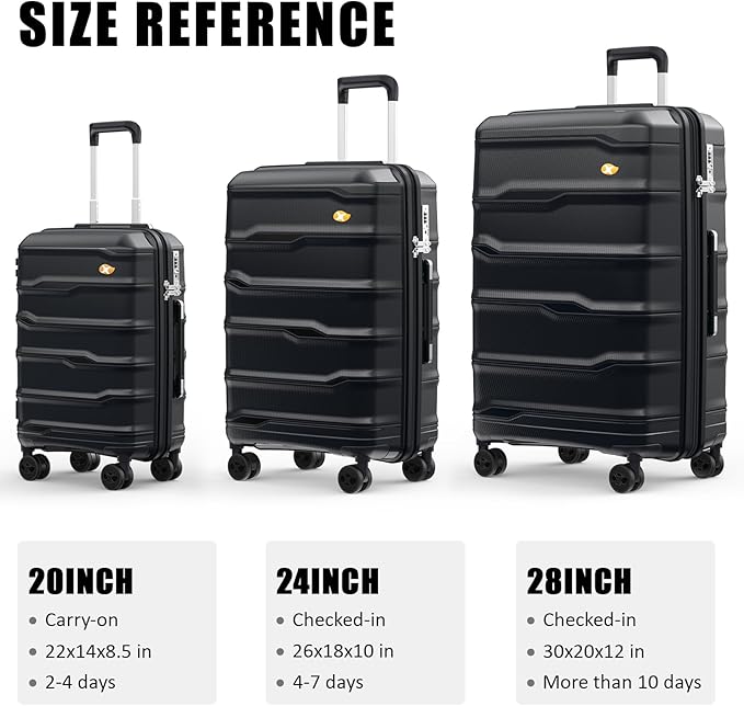 24 Inch Luggage with Spinner Wheels, Hard Shell Suitcase, Lightweight PP Luggages with TSA Lock, Checked-Medium Suitcases 24-Inch, Black