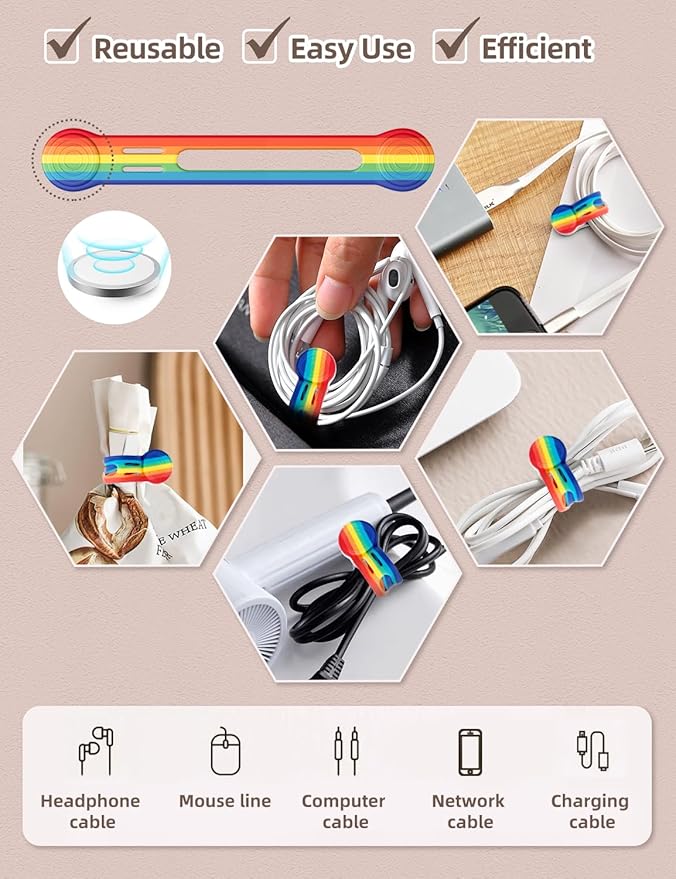 Kanemc Magnetic Cable Tie, 4.72'' Cord Ties Magnet Cable Straps Cord Wrap For Travel Phone USB Charging Cable Management Whiteboard Markers (8Pcs, Rainbow Color)