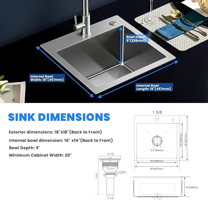 POPFLY 18 Inch Drop In Kitchen Sink, 304 Stainless Steel Top mount Handmade Single Bowl Kitchen Sink 9 Inches Deep Bar Prep Sink, Brushed Nickel（18×18×9）