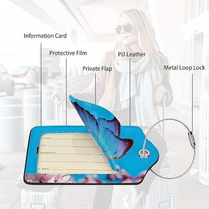 2 Pack Luggage Tags for suitcases Blue Funny Cute Butterfly Luggage Tag, Leather Stainless Steel Loop Label Tag for Men Women Travel Bag Suitcase(Butterfly)