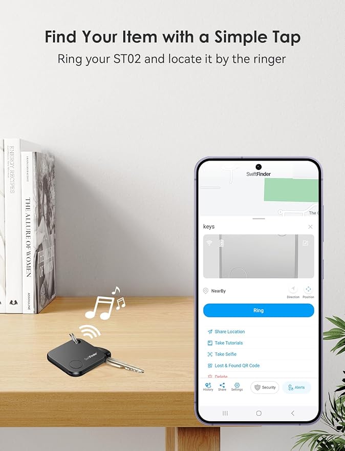 Keys and Phone Finder, Bluetooth Tracker Locator for Keys, Bags, Wallets and More, Up to 300 ft Range, Replaceable Battery, Water-Resistant, iOS and Android Compatible, 4 Pack