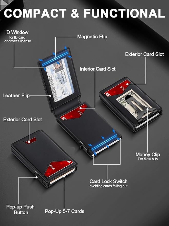 Wallet for Men RFID Wallet with Money Clip, Slim Pop Up Card Holder for 10-12 Cards, Minimalist Smart Credit Card Case with ID Window, Bifold Metal Wallet for Front Pocket, Gifts for Men