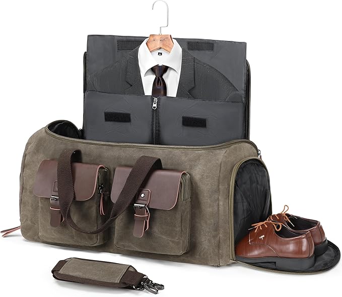Waxed Canvas Garment Bags for Travel, Convertible Carry On Garment Duffel Bag for Men Women, 2 in 1 Suit Bag Hanging Suitcase Business Travel Bag with Shoe Compartment (Vintage Grey, XL)