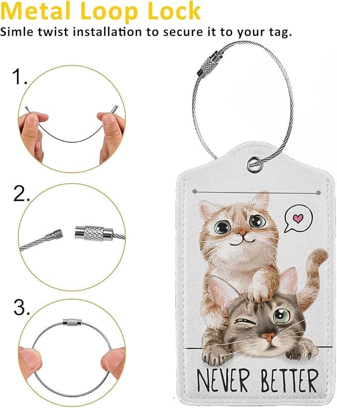 Cats in Love 2-Pack Luggage Tags for Suitcases,Leather Baggage Tag with Loop, Tags Private Name ID Labels for Women Girl Men Boys Travel Baggage Suitcase