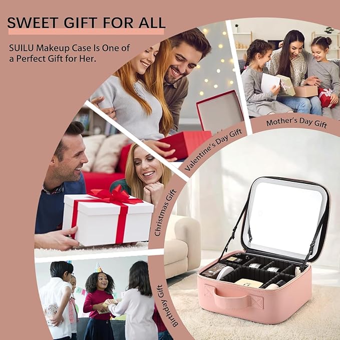 Makeup Bag with Led Mirror,Travel Makeup Organizer with 3 Color Setting & Jewelry storage box, Portable Storage and Adjustable Dividers Travel Makeup Bag(Pink)