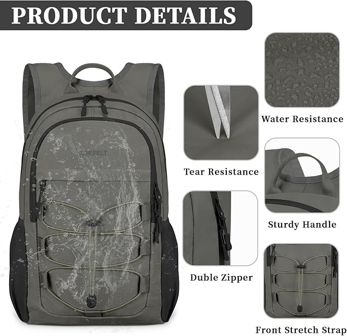 ZOMFELT Hiking Backpack for Women Men, 15L Lightweight Packable Backpacks for Trip, Water Resistant Small Travel Backpack, Foldable daypack for Hiking, Walking, Cycling, Camping, Grey & Black