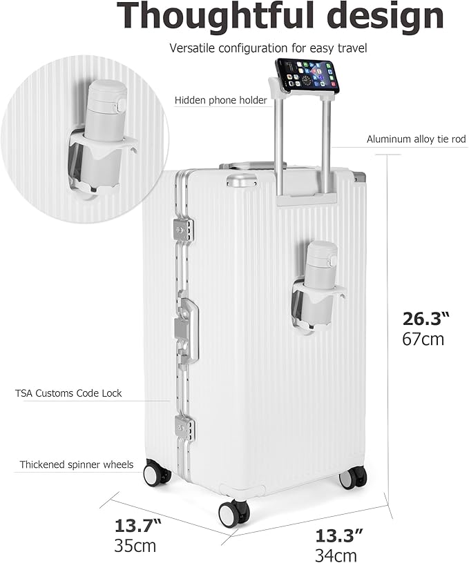 feilario 26in Super Large Captain Aluminum Frame Hardside Spinner Wheels Luggage, Zipperless Checked Suitcase with Cup Holder/Phone Holder