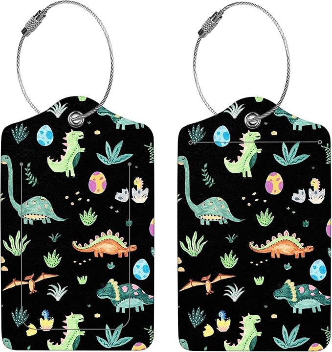 2 Pcs Luggage Tags for Suitcases, PU Leather Cruise Ship Luggage Tags with Privacy Cover Label Address Card and Durable Metal Ring Suitable for Men Women Handbags Backpacks Schoolbag,Small Dinosaur