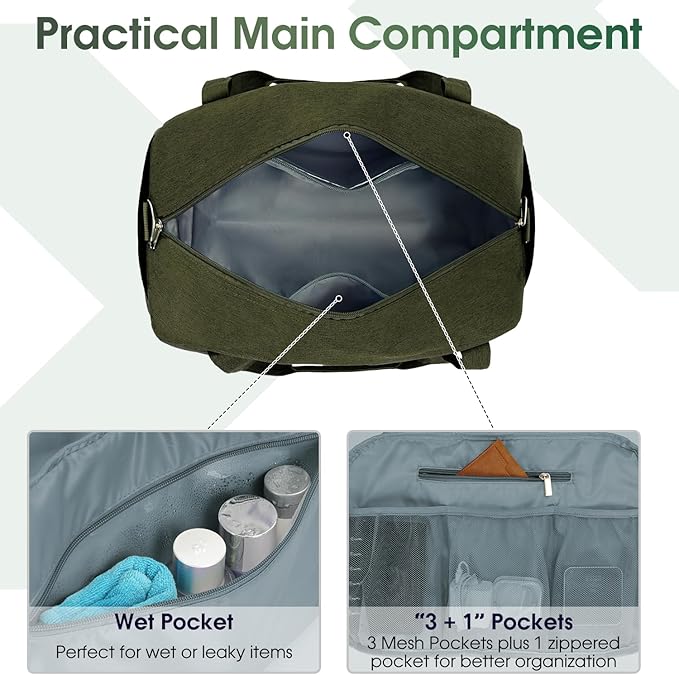 Narwey 18" Carry on Bag Underseat for Airplane with Wet Pocket Spirit Airlines Personal Item Bag Travel Duffel Bag Small Gym Bag Weekender Overnight for Women and Men (Army Green)