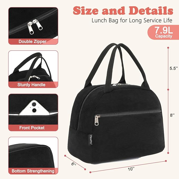 FlowFly Lunch Bag for Women Insulated Lunch Box Corduroy Lunch Tote Cooler for Travel Work Picnic,Corduroy Black