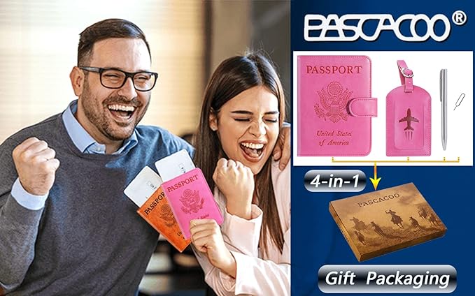 Passport Holder With Luggage Tag Cover Wallet RFID Blocking Leather Case Travel Essentials Accessories Travel Must Have(114#Pink)