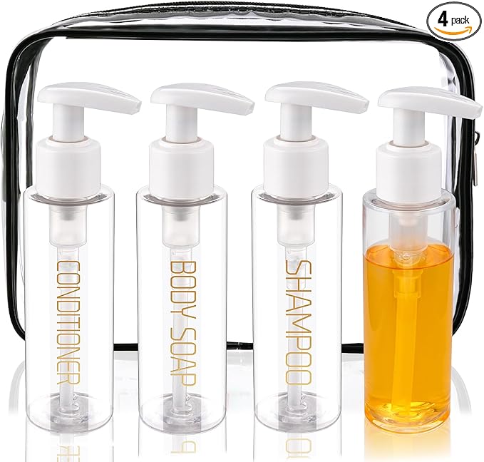 Travel Bottles Plastic Pump Bottle Dispenser Tsa Approved 3.4oz/100ml 4 Pack Refillable Shampoo and Conditioner Empty Travel Size for Cosmetic, Lotion, Liquid Soap (Clear)