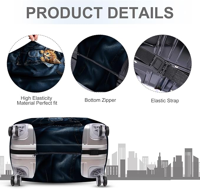 ANNA QUEEN Cute Kitten in Pocket Luggage Cover, Funny Cat Suitcase Protector with Denim Print, Stretchable & Washable Spandex Travel Cover for 24-26 Inch Luggage