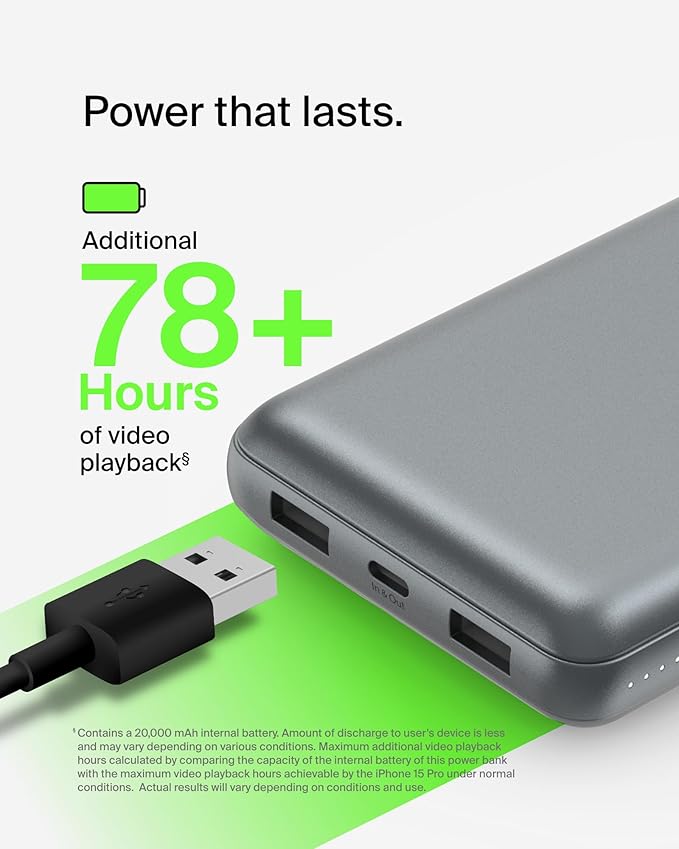 Belkin Portable Charger, USB C Power Bank 20000 mAh w/ 2 USB-A Ports, 15W w/A to C Cable for iPhone 16, 15, Samsung Galaxy S25, iPad, Nintendo Switch 2, Google Pixel 10, etc. - Gray