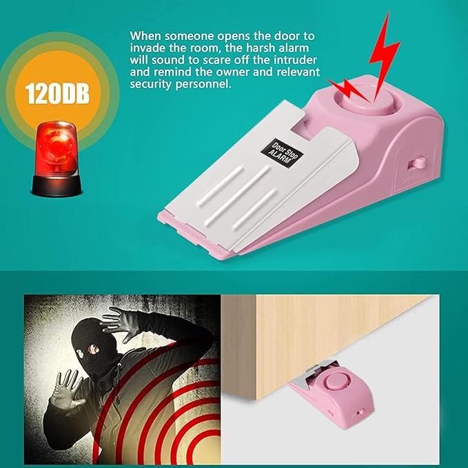 2 Pack Portable Door Stop Alarm, Door Stopper with 120db Loud Security Alarm, Travel Door, Doorstops Wedge Sensors Security Devices for Traveling Apartment Hotel and Home (Pink)