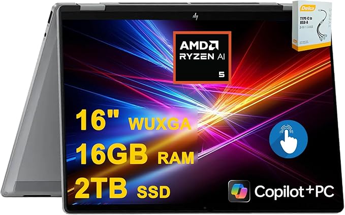HP OmniBook X Flip Copilot+ AI PC 2-in-1 Laptop | 16" WUXGA Touch (400nits) | AMD 6-core Ryzen AI 5 340 (Up to 50 Tops) | 16GB DDR5 2TB SSD | Backlit 5MP IR Privacy Camera Win11Pro w/DLCA Accessory