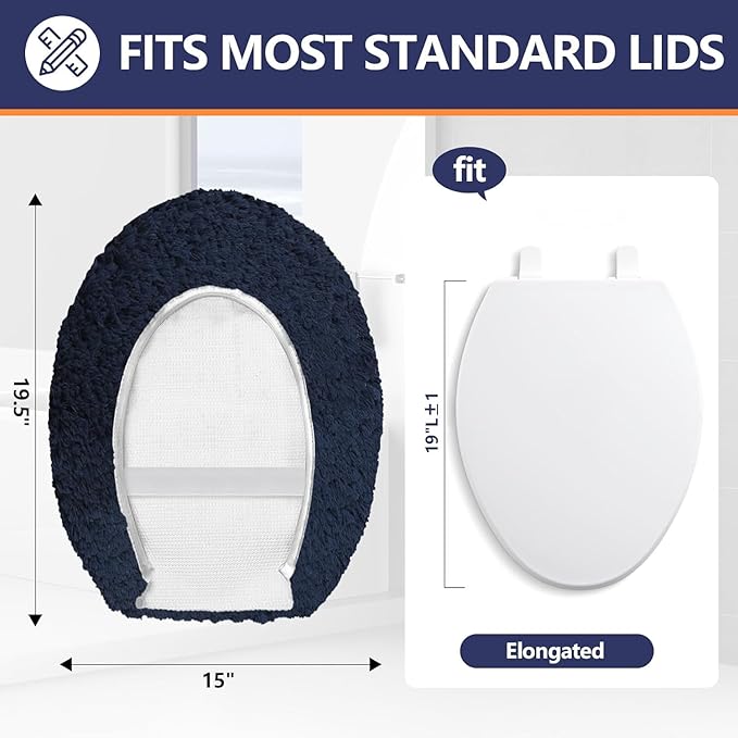 Microfiber Elongated Toilet Seat Cover 19.5"x 15" Machine Washable Solid Toilet Lid Cover Adjustable Rubber Backing Fits Most 18-19.5" L x 14-16" W Elongated Toilet Seat