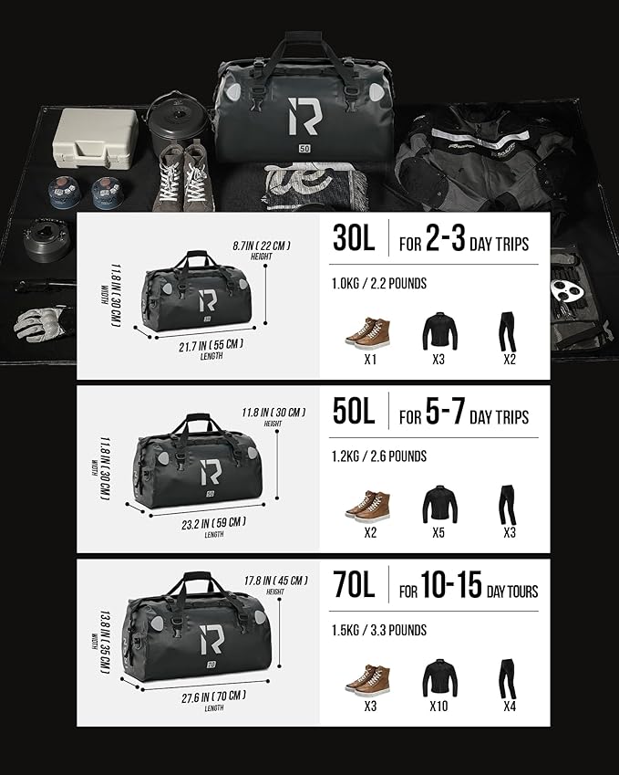 IRON JIA'S Motorcycle Dry Bag - Waterproof Duffle & Luggage Tail Bag Saddle Bags with Roll Top Closure, Shoulder Straps, Inner Pocket and Mesh Pocket (Black, 50L)