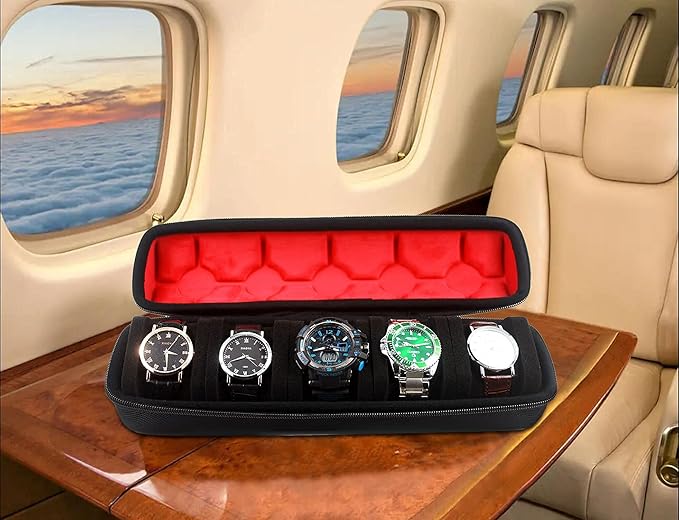 Hard 5 Slots Watch travel case with Soft Separation pillow, fit men's women's casual/sports/diving/dress/automatic watches up to 60mm sized face, with luxury red lining(case only)