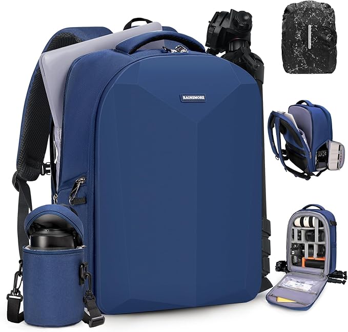 RAINSMORE Camera Backpack Hard Shell for DSLR/SLR Waterproof Camera Bag with Laptop Compartment 15.6 Inch Professional Camera Case with Rain Cover Photography Backpack Bag with Camera Lens Case Blue