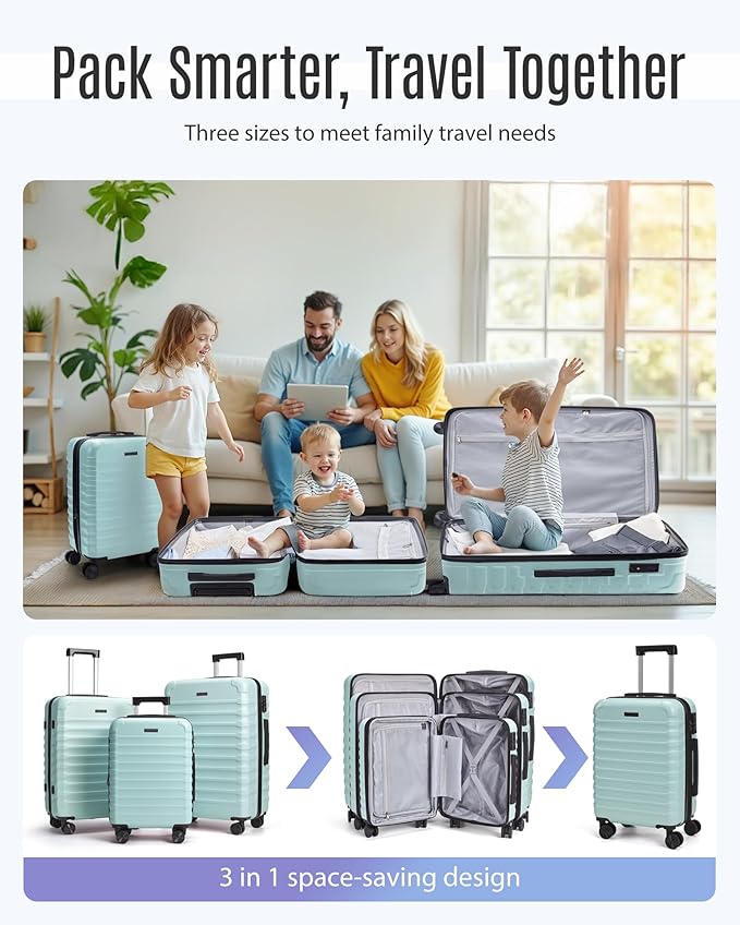 LIGHT FLIGHT Luggage Sets, 3 Piece Durable Suitcase Set with Spinner Wheels, 3 Pcs Hardside Lightweight luggage with TSA Lock, Large Checked Travel Suitcases, 20/24/28 Inch,Mint Green