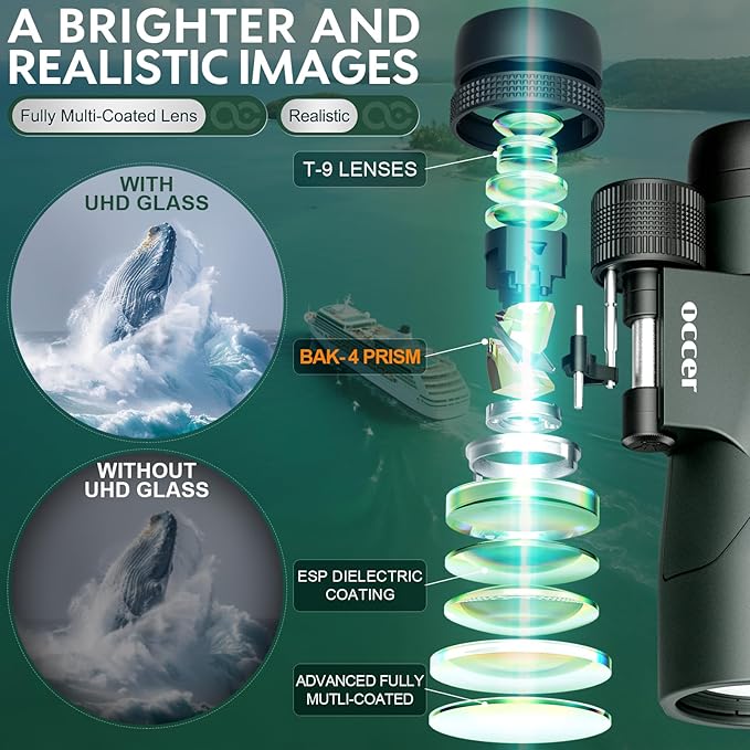 occer 12x50 Bird Watching Binoculars for Adults - High Powered Binoculars with Clear Large Image - Easy Focus HD Binocular with Long Range for Cruise Trip Hunting Travel Concert Stargazing,Green