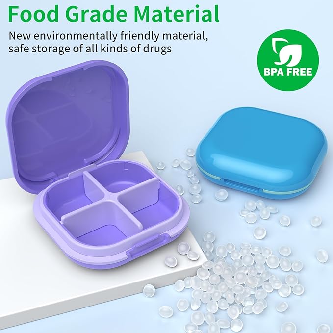 Daily Pill Organizer 4 Compartments, Small Pill Box Portable Travel Pill Case, Mini Pill Container for Purse Pocket, Compact Travel Medicine Organizer for Vitamin, Cod Liver Oil, Supplement (Purple)