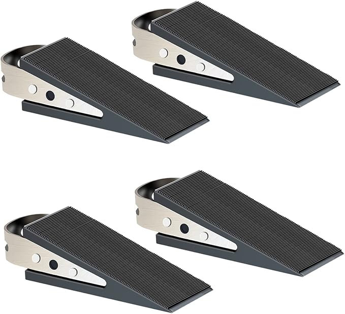 Shackcom Rubber Door Stopper Wedge, 4 Pack Black Heavy Duty Door Stop Suitable for All Floor Types, with Stainless Steel Hangers for Easy Storage, Prevents Unwanted Slams and Bumps