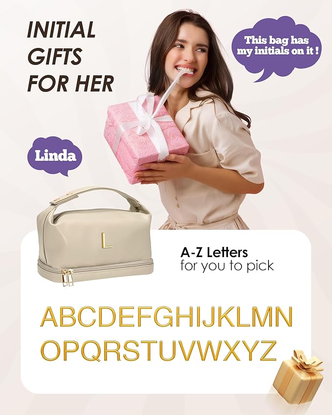 Girlfriend Gifts, Personalized Makeup Bag with Handle, Initial Double Layer Cosmetic Bag with Makeup Brush Organizer, PU Leather Travel Toiletry Bag Gifts for Women Her Friend Sister Mom Gift