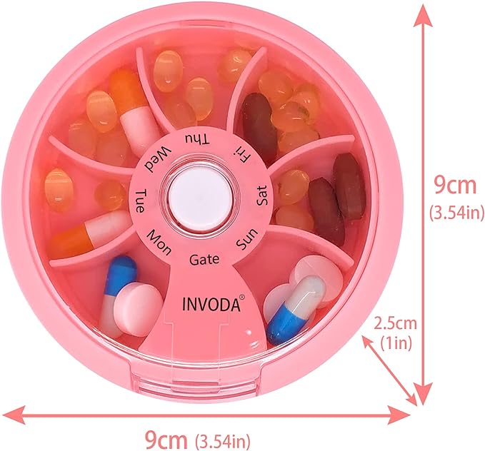 INVODA Weekly Pill Organizer 7 Compartment Rotating Pill Box for Daily Medication & Vitamins - Portable Travel Pill Case Fish Oil Supplements Vitamins Organizer (Pink+Blue)